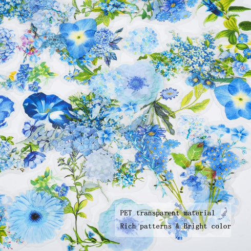 EAMOTOL Vintage Aesthetic Floral Journals Stickers - 100PCS PET Transparent Blue Flowers Plant Materials Scrapbooking Supplies for Daily Planner B...