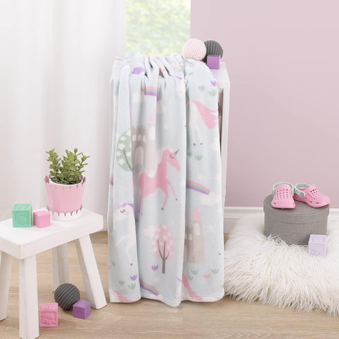 Everything Kids Unicorn Aqua, Pink and White Castles and Rainbows Super Soft Toddler Blanket...