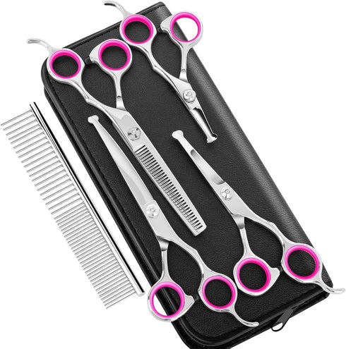 Dog Grooming Scissors Kit with Round Tip, Ecnocal Stainless Steel Titanium Coated Pet Grooming Trimmer Set, Thinning/Straight/Curved Shears, and C...
