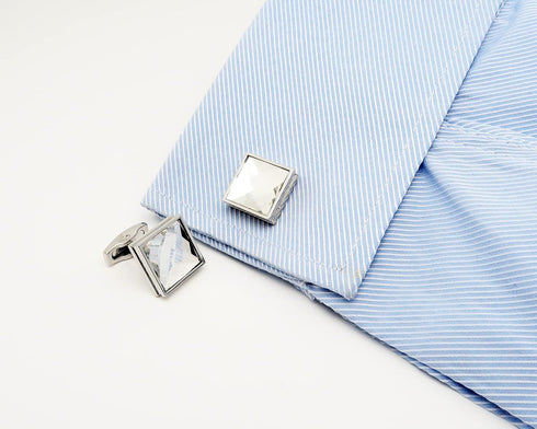 Silver Square Crystal Cufflinks for Men In Gift Box Transparent Polyhedron Crystal Men's Cuff Link for Wedding Shirt Party Business Birthday Anniv...