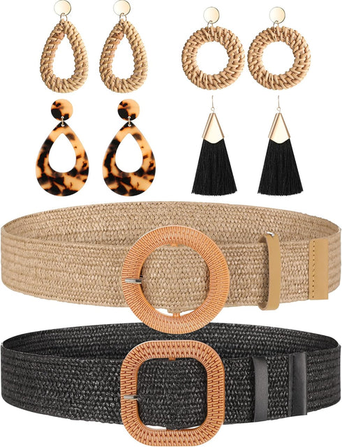 6 Pack Straw Woven Elastic Stretch Waist Belt Rattan Earrings Set for Women, Tassel Dangle Bohemian Earrings and Braided Belt (Black, Khaki, Rusti...