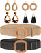 6 Pack Straw Woven Elastic Stretch Waist Belt Rattan Earrings Set for Women, Tassel Dangle Bohemian Earrings and Braided Belt (Black, Khaki, Rusti...