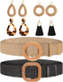 6 Pack Straw Woven Elastic Stretch Waist Belt Rattan Earrings Set for Women, Tassel Dangle Bohemian Earrings and Braided Belt (Black, Khaki, Rusti...