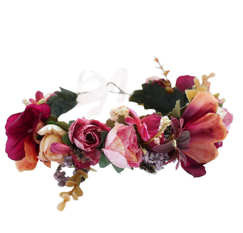 Vivivalue Adjustable Flower Headband Women Floral Crown Hair Wreath Flower Headpiece Halo Boho with Ribbon Wedding Party Festival Photos Maroon...