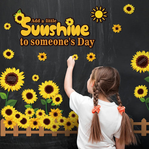 92 Pcs Summer Sunflower Bulletin Board Decorations Sun Flower Cutouts with Growth Spring Yellow Flower Bulletin Board Set for Classroom Window Wal...