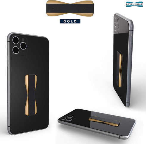 LOVEHANDLE Universal Phone Grip for Most Smartphones, Mini Tablets and Cases, Gold Colored Base with Black Strap, LH-01Gold...