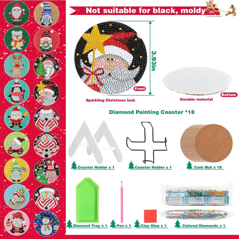 18 Pcs Christmas Diamond Painting Coasters Kits 4 Inch Coasters for Drinks with Cork Base Diamond Art Supplies Santa Claus Snowman Painting Kit fo...