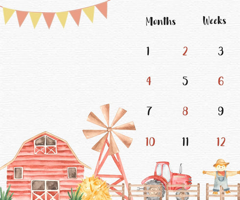 Farm Theme Baby Monthly Milestone Blanket, 48x40in Soft Flannel, Tractor and Barn Backgrounds, Newborn Mom Gifts, Baby Shower Age Growth Tracker w...