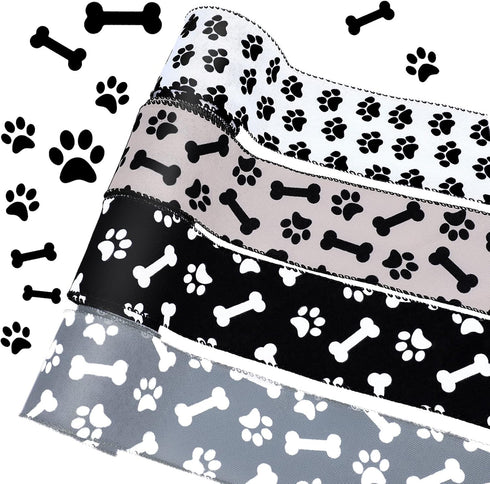 4 Rolls 26.4 Yard Paw Print Ribbon Dog Bone Wired Edge Ribbon Craft Wired Ribbon DIY Wrapping Ribbon for Halloween Christmas Handicraft Decor Part...