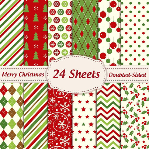 Whaline 12 Designs Christmas Pattern Paper Pack 24 Sheet Merry Christmas Scrapbook Specialty Paper Double-Sided Collection Green Red Decorative Cr...
