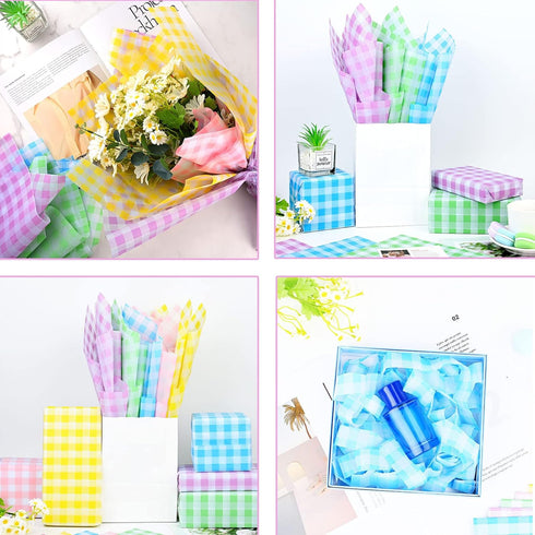 50 Sheets 28 * 20 Inch Pastel Tissue Paper Buffalo Plaid Wrapping Tissue Pink Yellow Blue Green Purple Tissue Paper for Gift Bags for Birthday, Ba...