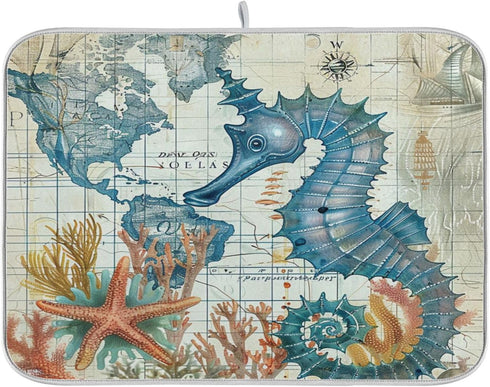 Nautical Ocean Seahorse Dish Drying Mat for Kitchen Counter 16x18 in Retro Map Microfiber Drying Mats Absorbent Reversible Dish Pad Medium Dish Dr...