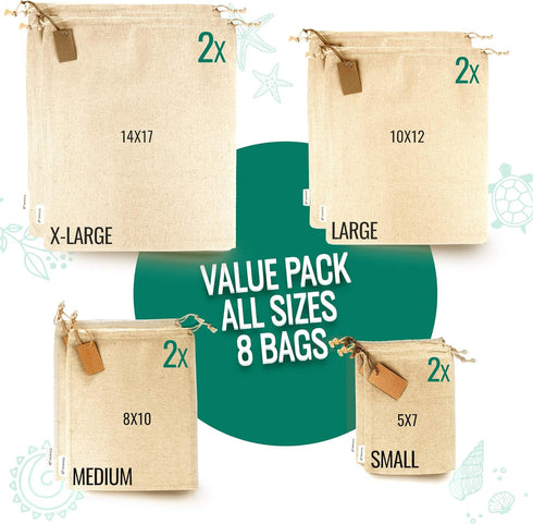 LEAFICO Muslin Cloth Bags with Drawstrings - Set of 8 (S, M, L, XL) - Reusable Natural Cotton Bags for Bulk Food Storage - Canvas Fabric Sachets...