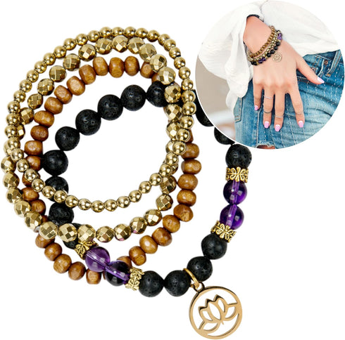 SPUNKYsoul Lotus New Beginnings Bracelet Hematite Amethyst and Lava for healing Stack Bracelet Set Collection...