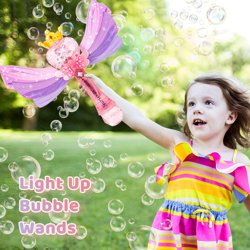 Bubble Wands for Kids Girls - Rechargeable Princess Light Up & Music Bubble Machine with 2 Bubble Solutions, Outdoor Party Birthday Toys for Toddl...