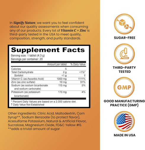 Vitamin C 1000mg Effervescent Tablets - Potent Immune Support VIT C with Zinc Supplement - Sugar-Free & Vegan Formula | Dissolvable Vitamin C Tabl...