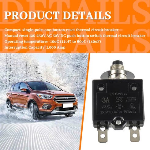 HUWREW 3 Amp Push Button Circuit Breaker 125-250V AC 50V DC L1 Series Manual Reset Thermal Circuit Breaker 3A Thermal Overload Protector...