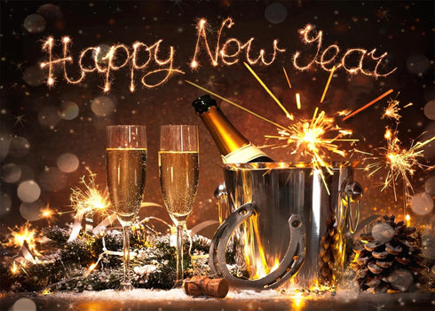 BELECO 5x3ft Fabric Happy New Year Backdrop 2025 New Years Eve Backdrops New Year Party Decorations Banner Lucky Horseshoe Champagne Fireworks Bok...