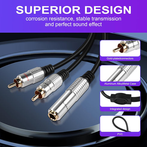 PNGKNYOCN 6.35mm to 2RCA Audio Cable, 1/4" TRS Female Stereo Jack to Dual RCA Male Plug Y Splitter Adapter Cable for Guitars?Speaker,Home Stereo S...