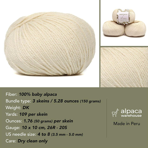 100% Baby Alpaca Yarn Wool Set of 3 Skeins DK Weight - Made in Peru - Heavenly Soft and Perfect for Knitting and Crocheting (Ivory, DK)...