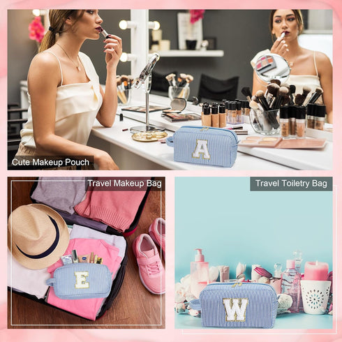 Makeup Bag for Women - Monogram Cute Initial Blue Makeup Bags Cosmetic Toiletry Pouch Make Up Case for Women Her Best Friend Friendship Sister Tea...