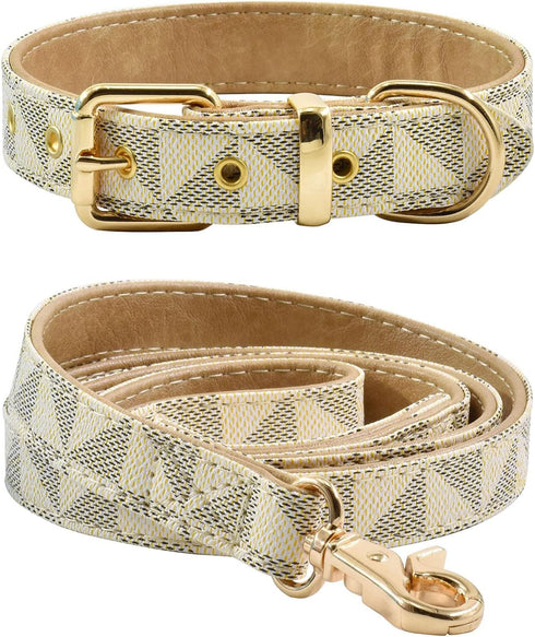 Leather Dog Collar and Leash Set, Check Pattern Dog Collar Leashes Metal Buckle Adjustable Durable for Small Medium Large Dogs (White, L(14.5-18.5...