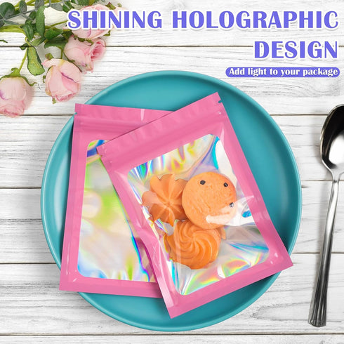 JETMORE 100 PCS Mylar Bags, Pink Holographic Bags, Smell Proof Bags, Resealable Bags for Small Business, Sealable Bags for Packaging, Foil Pouch B...