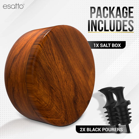 Esatto Round Acacia Wooden Salt and Spice Box, Magnetic Swivel Lid For Easy Storage or Retrieval, Salt Pepper or Spice Storage Box, With Two Worki...