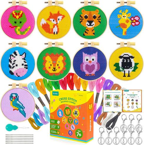 Ecoofor 9 Sets Jungle Animals Cross Stitch Kits for Kids 7-13 embroidery kit for kids Backpack Charms Cross Stitch Kits for Beginners Christmas gi...