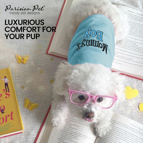 Parisian Pet Dog T-Shirt with Embroidered 'Mommy’s Boy' Words - 100% Cotton Boy Dog Clothes - Breathable Mamas Boy Dog Shirt - Machine Washable Do...