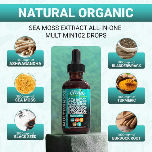 Clean Nutraceuticals Sea Moss Liquid Drops Supplement with Black Seed Oil Ashwagandha Burdock Root & Bladderwrack - Multimineral Organic Non-GMO V...