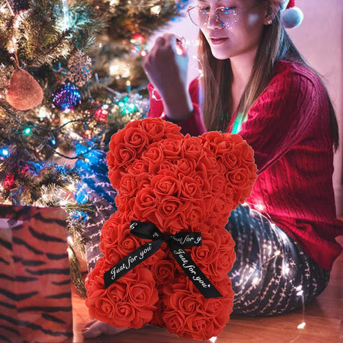 LINKLO Rose Bear Rose Teddy Bear -10 inch Artificial Rose Flower Bear, Gift for Wedding, Mothers Day and Anniversary, Including Transparent Gift B...