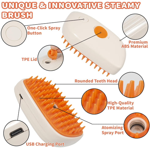 3 in 1 Steam Cat Hair Brush: Spray, Massage and Bath Cleaning for Dogs and Cats, Soft Silicone Brush for Hair Removal, Self-Cleaning Feature for E...