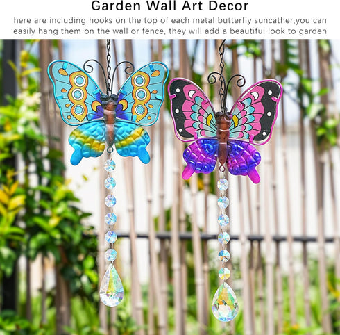 Set 2 Metal Butterfly Suncatchers for Windows - 14" Outdoor Fence Wall Art Decor, Rainbow Prisms Sun Catchers with Crystals Hanging for Home Garde...