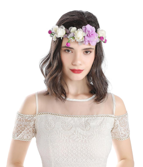 Vivivalue Floral Crown Headband Flower Headpiece Hair Wreath Floral Halo Boho with Ribbon Wedding Party Photos Prom Lavander...