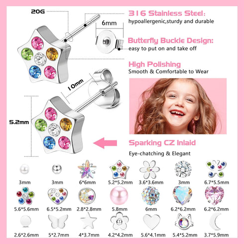 YADOCA 21Pairs Hypoallergenic Surgical Steel Stud Earrings For Women Girls Tiny Cute CZ Pearl Heart Moon Star Butterfly Flower Earrings Studs Set ...