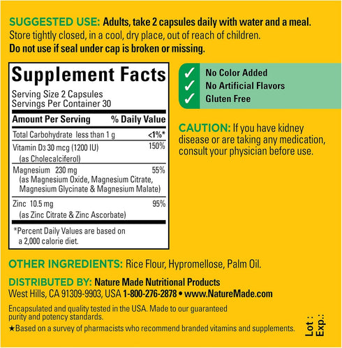 Nature Made Magnesium Complex with Vitamin D and Zinc Supplements, Magnesium Supplement for Muscle, Nerve, Heart & Bone Support with Vitamin D3 & ...