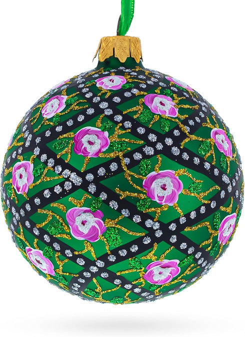 1907 Rose Trellis Royal Egg Green Glass Ball Christmas Ornament 3.25 Inches...