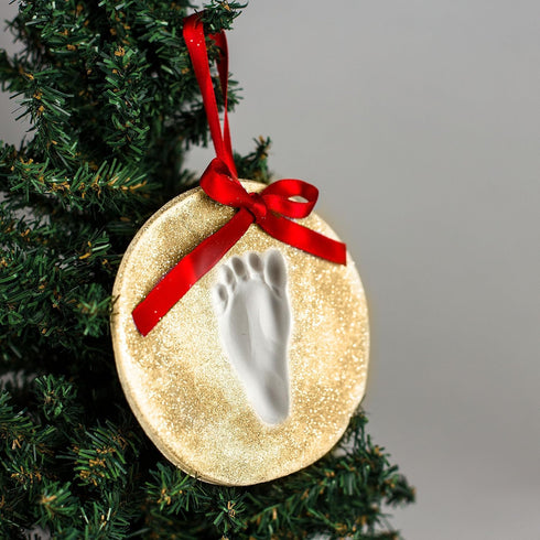 Baby's Handprint or Footprint Christmas Ornament Kit, Newborn Holiday Hanging Keepsake Kit, Baby's First Christmas, Gold Glitter...