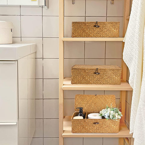 Hipiwe Seagrass Storage Basket Bin with Lid Rectangular Woven Shelf Baskets with 3-Section Toilet Paper Basket Holder for Closets Pantry Bathroom ...