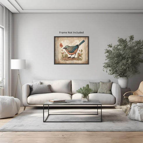 Posterizer 1 pcs- Blue and Orange bird on a tree with a rustic background-Art for Animal Lovers-Floral Botanical Art- Gift for Men Women -Living R...