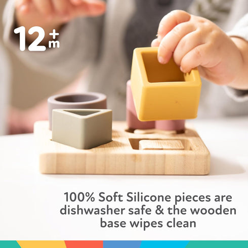 Nuby Soft Shape Silicone Puzzle Toy with Bamboo Wooden Base, Promotes Hand-Eye Coordination, 5 Piece...
