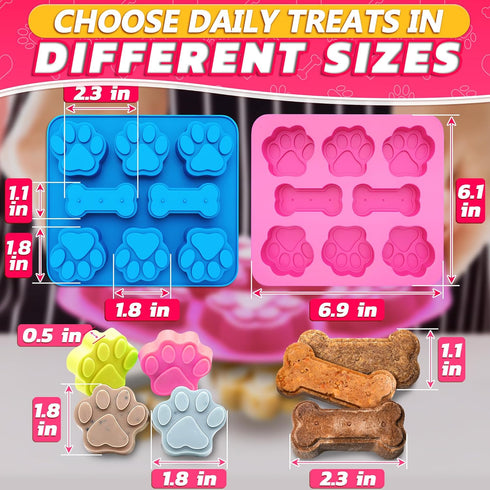2 Pcs Dog Treat Molds for Baking and Freezing – Bone & Paw Shaped Silicone Dog Treat Mold, Non-Sticking, Blue & Pink – Easy Release Design for Hom...