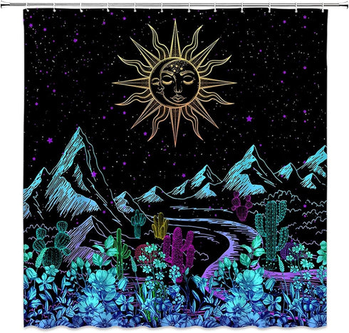 Abstract Mountain Shower Curtain Boho Sun Moon Landscape Night Star Celestial Colorful Flower Cactus Black Unique Modern Fashion Design Gothic Bat...