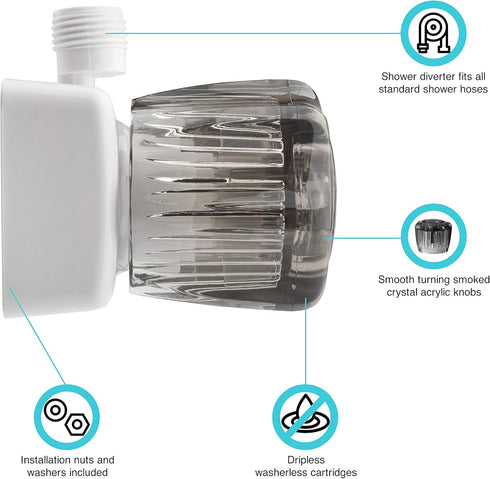 Dura Faucet DF-SA100S-WT RV/Motorhome/Trailer Shower Faucet Valve Diverter with Smoked Acrylic Knobs (White)...
