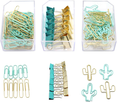 Gold Blue Binder Clips and Paper Clips Set (3-in-1 Boxed), for Office School Supplies Teachers Classroom Daily use...