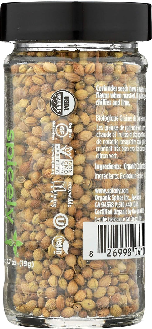 Spicely Organic Coriander Seeds Whole 0.70 Ounce Jar Certified Gluten Free...