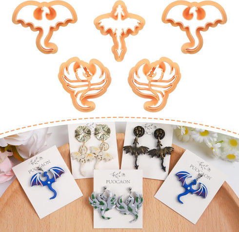 Puocaon Dragon Polymer Clay Cutters - 5 Pcs Clay Cutters for Polymer Clay Jewelry, Mirrored Earrings Polymer Clay Cutters, Legend Mythical Polymer...