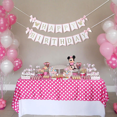 Minnie Happy Birthday Decorations - Minnie 1st/First Birthday Banner,Mouse Pink And Gold Birthday Banner,Mouse Birthday Party Banner...