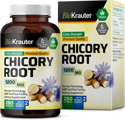 BIO KRAUTER Chicory Fiber Supplement - 1200 mg Strength - 250 Count - Chicory Root Powder - Inulin Capsules for Digestive Support - Vegan...
